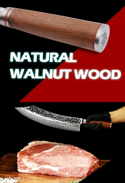 YOUSUNLONG Butcher Knife 12 inch Max Breaking Cimitar Knife - Japanese Hammer Damascus Steel - Natural Walnut Handle with Leather Sheath
