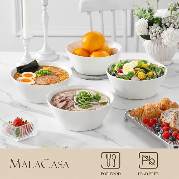 MALACASA Large Salad & Soup Bowls - Set of 4, 60 OZ Porcelain White Bowls for Ramen, Pasta, Pho - Microwave & Dishwasher Safe