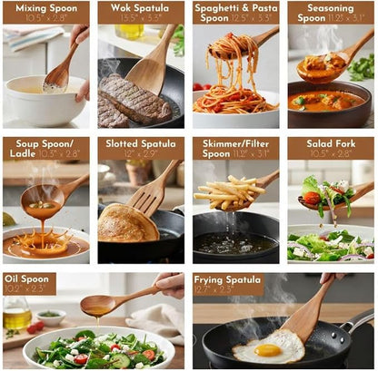 DADU BADU Teak Wooden Utensil Set of 10 – Non-Toxic Cooking Spoons & Spatulas for Nonstick Pans – Includes Pasta Spoon, Ladle, Skimmer – Premium Wood Kitchen Gift Set with Holder