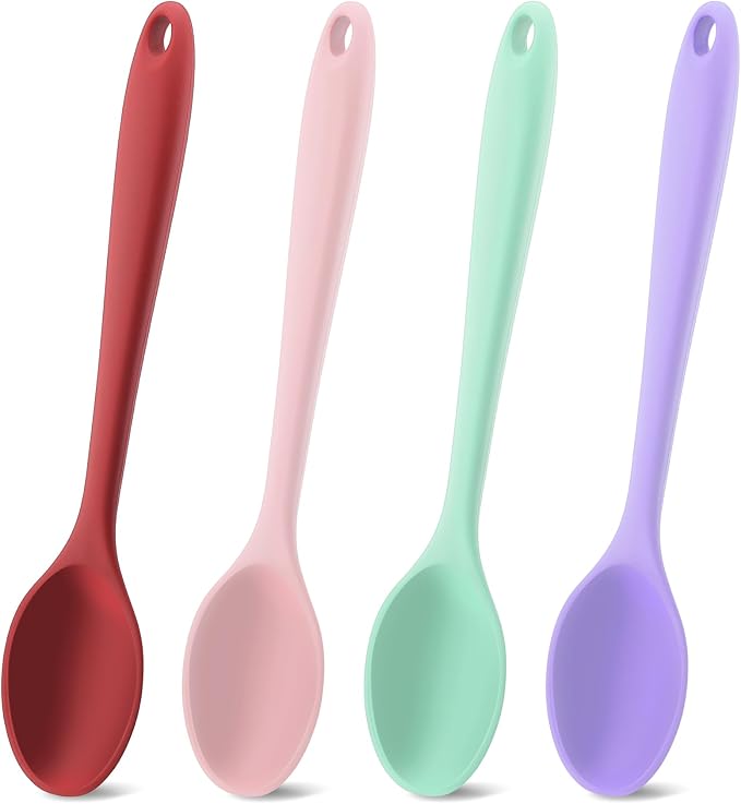 Silicone Spoons for Cooking, 4 Pcs Large Serving Spoon Heat Resistant Cooking Spoon Utensils Nonstick Mixing Kitchen Spoons for Baking Serving Mixing and Stirring Dishwasher Safe,Red,Pink,Green,Purple