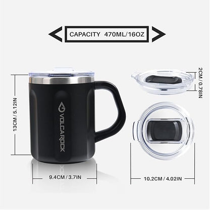 Stainless Steel Coffee Mug with Handle, 16 oz Double Wall Vacuum Insulated Travel Mug Tumbler With Slider Lid, Great Tea Mug for Men and Women (Black)