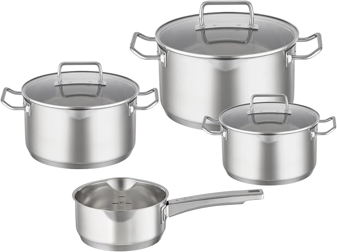 RÖSLE EXPERTISO 4-Piece Pot Set, Universal Pot Set with 3 Pots and 1 Saucepan, 18/10 Stainless Steel, Glass Lids, Scale on Inside, Suitable for Induction Cookers, Dishwasher Safe