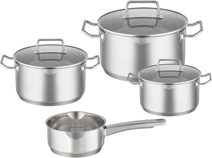 RÖSLE EXPERTISO 4-Piece Pot Set, Universal Pot Set with 3 Pots and 1 Saucepan, 18/10 Stainless Steel, Glass Lids, Scale on Inside, Suitable for Induction Cookers, Dishwasher Safe