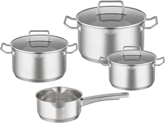RÖSLE EXPERTISO 4-Piece Pot Set, Universal Pot Set with 3 Pots and 1 Saucepan, 18/10 Stainless Steel, Glass Lids, Scale on Inside, Suitable for Induction Cookers, Dishwasher Safe