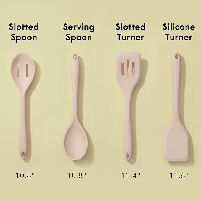 Non-Toxic Platinum Silicone Kitchen Utensil Set of 4 – Non-Scratch Cooking Spoon & Spatula, 100% Plastic Free, Stainless Steel Core, Heat Resistant 500°F, Beige