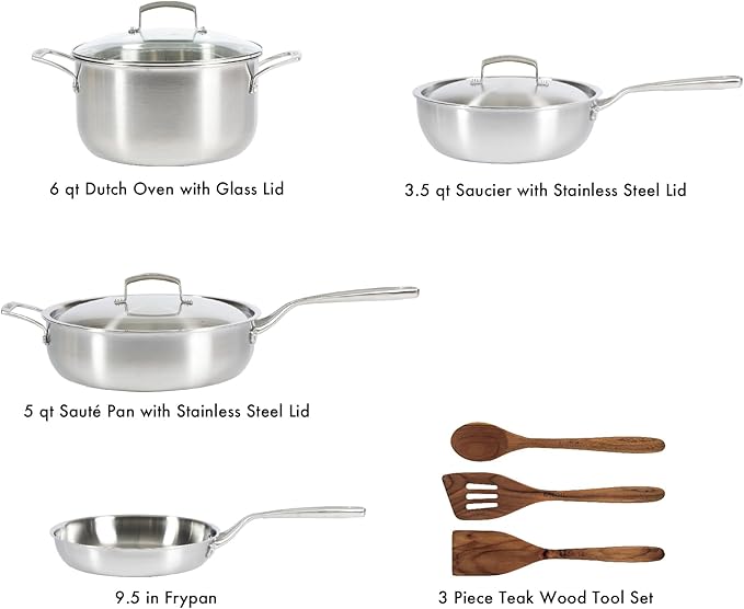 Babish 10-Piece Professional Tri-Ply Non-Toxic Pots and Pans Cookware Set – Durable, Even Heat Distribution for Cooking and Baking