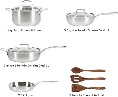 Babish 10-Piece Professional Tri-Ply Non-Toxic Pots and Pans Cookware Set – Durable, Even Heat Distribution for Cooking and Baking