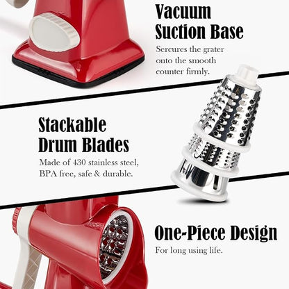 Badelite Cheese Grater Hand Crank Rotating Cheese Shredder Stainless Steel Vegetable Slicer Grater for Kitchen 3 Blades for Cheese, Carrot, Cucumber, Nuts, Chocolate, Red