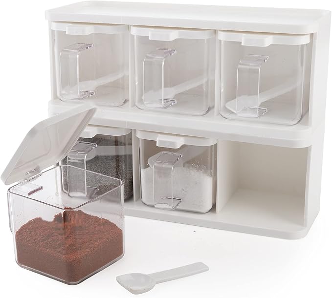Hedume 2 Pack 3 Grids Clear Seasoning Box with Handle and Spoon, Seasoning Storage Container Rack Combo Set with Removable Cruet Jars for Spice Salt Sugar