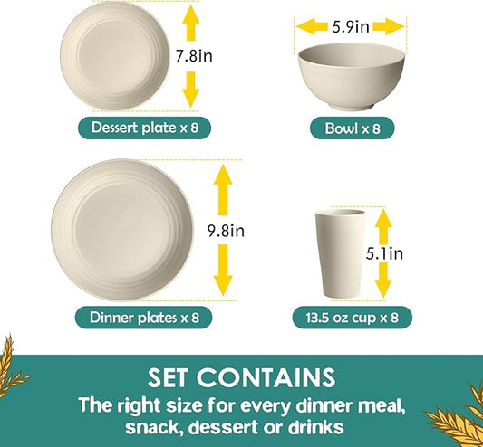 Teivio 32-Piece Kitchen Plastic Wheat Straw Dinnerware Set, Service for 8, Dinner Plates, Dessert Plate, Cereal Bowls, Cups, Unbreakable Plastic Outdoor Camping Dishes, Beige
