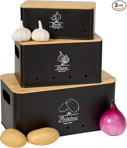 3 Pack Metal Vegetable Storage,Onion Storage,Potato Storage and Garlic Storage Set,Kitchen Vegetable Keeper,Stackable Pantry Organizers with Ventilation Holes and Bamboo Lids(BLACK)
