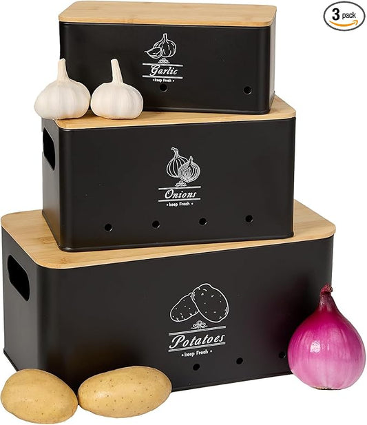 3 Pack Metal Vegetable Storage,Onion Storage,Potato Storage and Garlic Storage Set,Kitchen Vegetable Keeper,Stackable Pantry Organizers with Ventilation Holes and Bamboo Lids(BLACK)