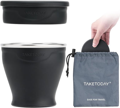 TakeToday Collapsible Travel Cup 8 oz - Silicone Foldable Water Cup, BPA-Free with Lid & Waterproof Bag - Drinking Cup Set for Camping, Outdoors & International Travel（ Charcoal）