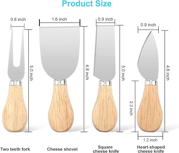 UUBAAR 4 PCS Cheese Knife Set for Charcuterie Board, Wood Handle Stainless Steel Cheese Slicer & Cutter Utensils with Mini Knife, Butter Knife, Fork