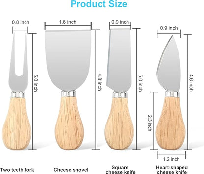 UUBAAR 4 PCS Cheese Knife Set for Charcuterie Board, Wood Handle Stainless Steel Cheese Slicer & Cutter Utensils with Mini Knife, Butter Knife, Fork