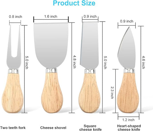 UUBAAR 4 PCS Cheese Knife Set for Charcuterie Board, Wood Handle Stainless Steel Cheese Slicer & Cutter Utensils with Mini Knife, Butter Knife, Fork