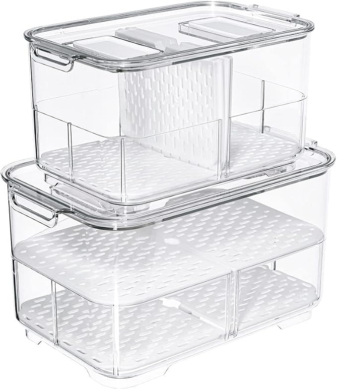 SANNO Vegetable Fruit Containers Fridge Food Storage Produce Saver Container Stackable Refrigerator Freezer Organizer Fresh Keeper Drawers Organizer set of 2