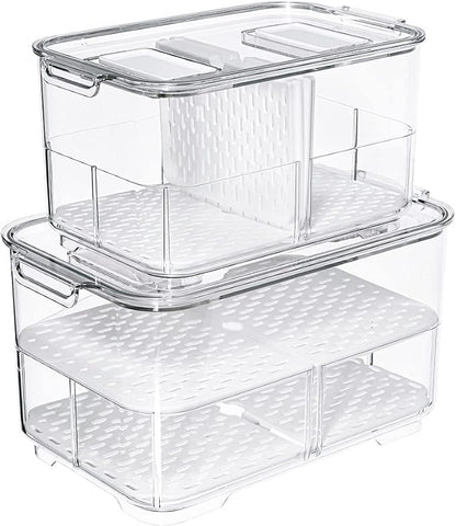 SANNO Vegetable Fruit Containers Fridge Food Storage Produce Saver Container Stackable Refrigerator Freezer Organizer Fresh Keeper Drawers Organizer set of 2