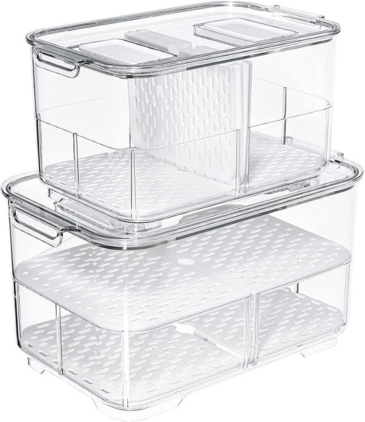 SANNO Vegetable Fruit Containers Fridge Food Storage Produce Saver Container Stackable Refrigerator Freezer Organizer Fresh Keeper Drawers Organizer set of 2