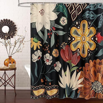 Boho Floral Shower Curtain, Vintage Botanical Fabric Curtain, 108 x 72