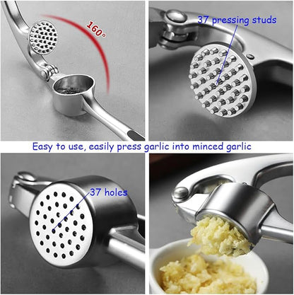 Premium Garlic Press And Peel Set,Heavy Duty Garlic Crusher,Rust Proof Garlic Mincer Tool,Easy to Squeeze And Clean, Ergonomic Handle Includes Silicone Garlic Peeler And Brush (Sivler)