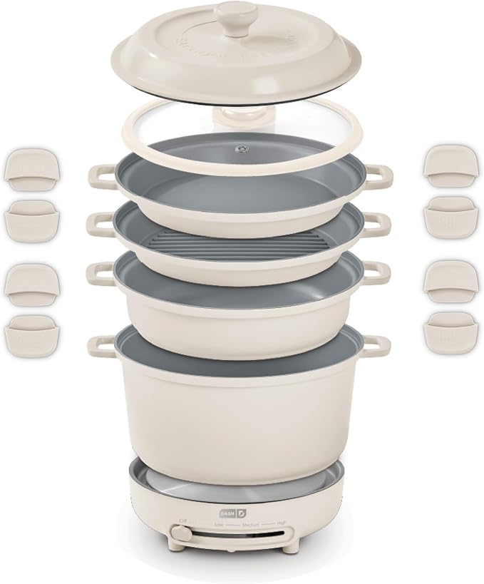 Dash Stacks 16-Piece Ceramic Nonstick Cookware Set with Electric Burner, Pots and Pans Set, Stackable Nesting Kitchen Pots and Pans, Small Kitchen, Oven Safe, Cream