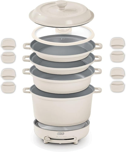 Dash Stacks 16-Piece Ceramic Nonstick Cookware Set with Electric Burner, Pots and Pans Set, Stackable Nesting Kitchen Pots and Pans, Small Kitchen, Oven Safe, Cream