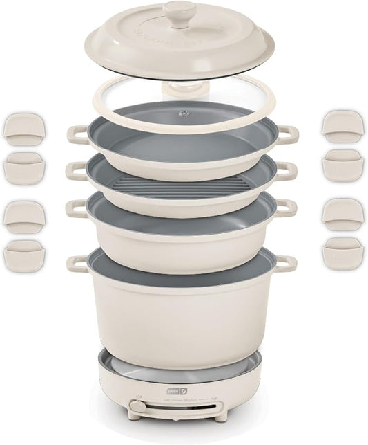 Dash Stacks 16-Piece Ceramic Nonstick Cookware Set with Electric Burner, Pots and Pans Set, Stackable Nesting Kitchen Pots and Pans, Small Kitchen, Oven Safe, Cream