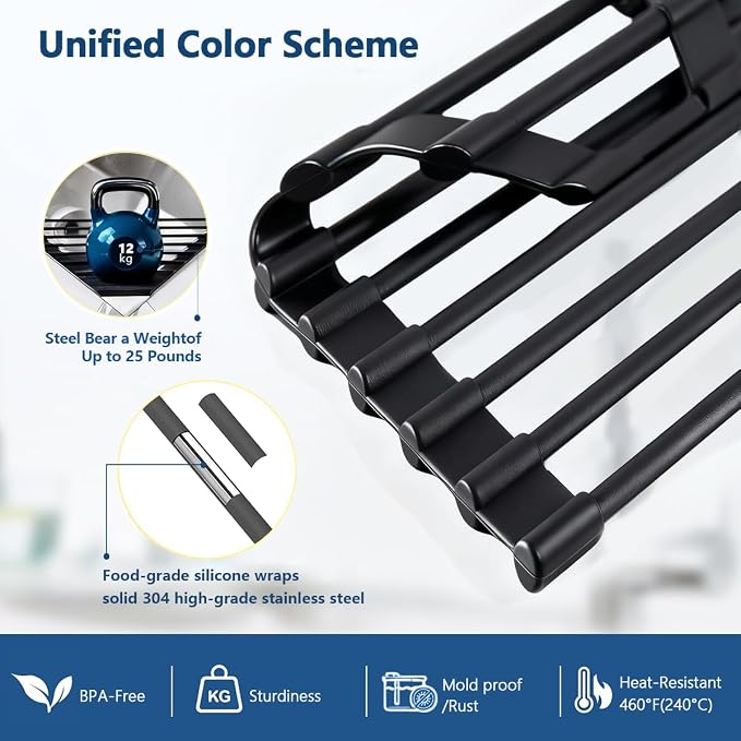 Credon Triangle Roll Up Dish Drying Rack, Foldable Anti-Slip Kitchen Sink Drainer Organizer, Silicone Coated Stainless Steel Frame, Multipurpose Over Sink Corner Caddy for Space Saving (Black)