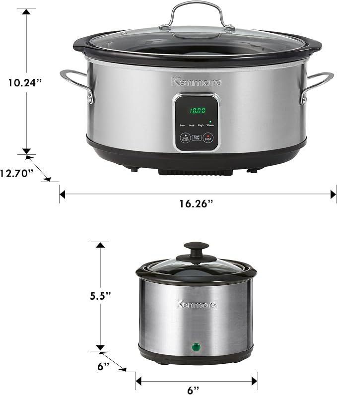 Kenmore Programmable 7 qt (6.6L) Slow Cooker with Dipper Sauce-Warmer, Black and Silver, Stainless Steel, Digital Display, One-Touch Controls, Braise, Simmer, Sous Vide, Stew, Soup, Chili, Curry