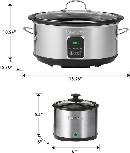 Kenmore Programmable 7 qt (6.6L) Slow Cooker with Dipper Sauce-Warmer, Black and Silver, Stainless Steel, Digital Display, One-Touch Controls, Braise, Simmer, Sous Vide, Stew, Soup, Chili, Curry