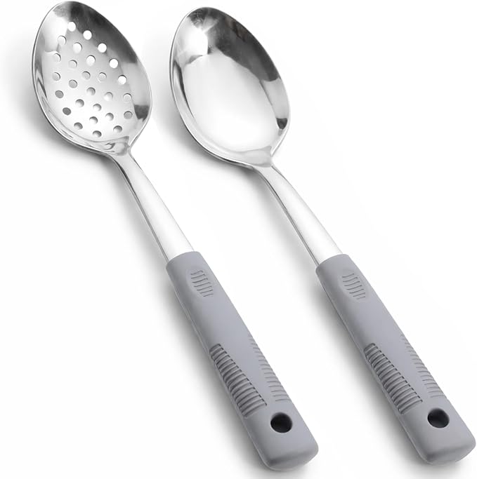 Metal Serving Spoons Set, Large Serving Spoons with Silicone Handles, Stainless Steel Serving Spoon, Slotted Spoon & Soup Ladle Set for Buffet and Home Kitchen (Grey)