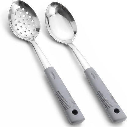 Metal Serving Spoons Set, Large Serving Spoons with Silicone Handles, Stainless Steel Serving Spoon, Slotted Spoon & Soup Ladle Set for Buffet and Home Kitchen (Grey)