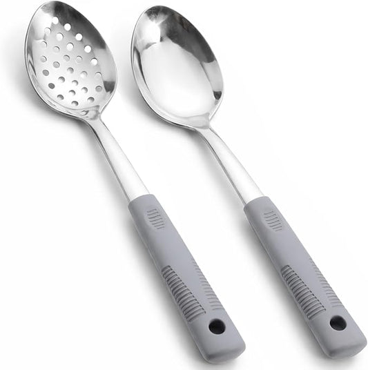 Metal Serving Spoons Set, Large Serving Spoons with Silicone Handles, Stainless Steel Serving Spoon, Slotted Spoon & Soup Ladle Set for Buffet and Home Kitchen (Grey)