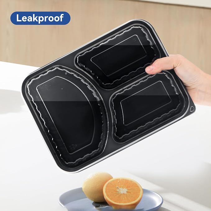 3-Compartment To Go Containers - Shrink-Wrapped No Pre-Wash 38oz | 40 Pack Ready to Use Leak-Resistant | BPA Free Shatterproof Flexible PP | Microwave Safe, Bulk Catering & Leftover Storage