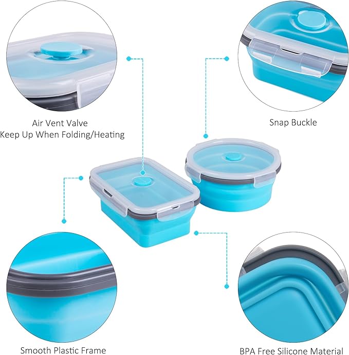 8 Pack Collapsible Food Storage Containers with Lids, Silicone Collapsible Food Containers, Collapsible Storage Containers Sets for Snack Camping RV, Microwave Freezer Dishwasher Safe, Blue