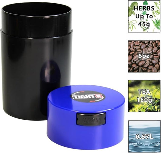 Tightvac 1 oz to 6 ounce - Patented Airtight Container | Multi-use Vacuum Container Works as Smell Proof Containers for Herbs and Dry Goods. Dark Blue Cap &Black Body