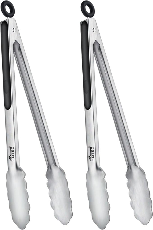 Hotec Stainless Steel Kitchen Tongs, Set of 2-12", Locking Metal Food Tongs for Cooking, Serving, BBQ, Grill Non-Slip Grip