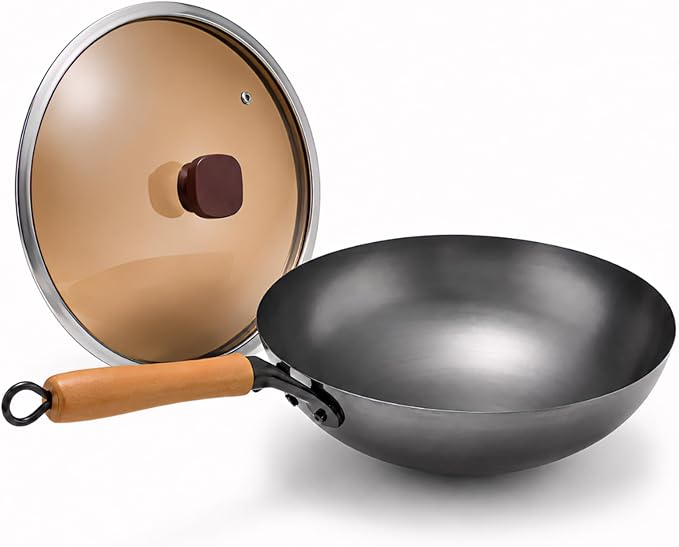 Calmabode 13” Large Round Bottom Carbon Steel Wok with Glass Lid | Large traditional Chinese round-bottom wok for gas stoves, nitrided carbon steel, glass lid, ideal for family stir-fry