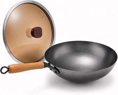 Calmabode 13” Large Round Bottom Carbon Steel Wok with Glass Lid | Large traditional Chinese round-bottom wok for gas stoves, nitrided carbon steel, glass lid, ideal for family stir-fry