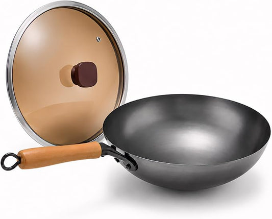 Calmabode 13” Large Round Bottom Carbon Steel Wok with Glass Lid | Large traditional Chinese round-bottom wok for gas stoves, nitrided carbon steel, glass lid, ideal for family stir-fry