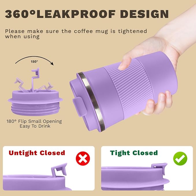 SPLMIFA Vacuum-Insulated Stainless Steel Travel Coffee Mug, Leak-Proof Reusable Coffee Cup with Lid - Keep Hot & Cold Drinks for Hours, Durable Insulated Tumbler for Men & Women(3rd-Purple, 12OZ)