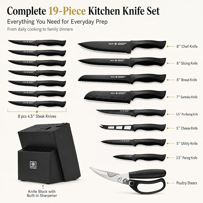 19-Piece Kitchen Knife Block Set with Built-in Sharpener, Upgraded Non-Stick Coating Blades, Ergonomic Handles, Dishwasher Safe, Black