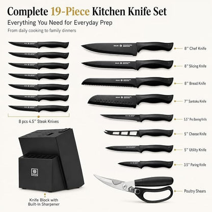19-Piece Kitchen Knife Block Set with Built-in Sharpener, Upgraded Non-Stick Coating Blades, Ergonomic Handles, Dishwasher Safe, Black