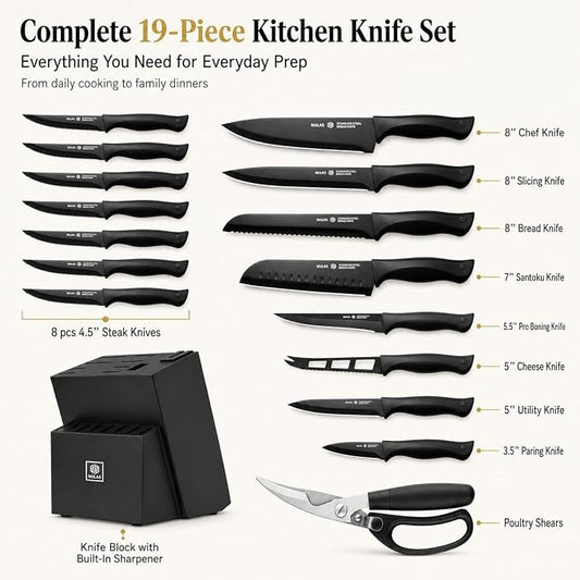 19-Piece Kitchen Knife Block Set with Built-in Sharpener, Upgraded Non-Stick Coating Blades, Ergonomic Handles, Dishwasher Safe, Black