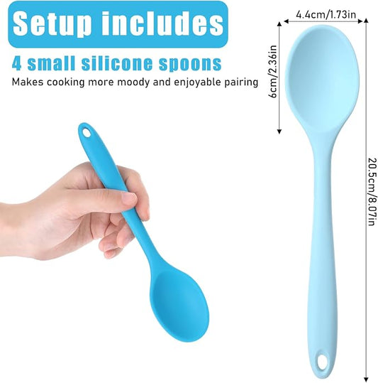 4 Pieces Small Silicone Spoons Multicolored Nonstick Kitchen Spoons Silicone Mixing Spoon for Cooking Heat Resistant Tea Spoon for Kitchen Cooking Baking Serving (Blue Light Blue Purple Cyan)