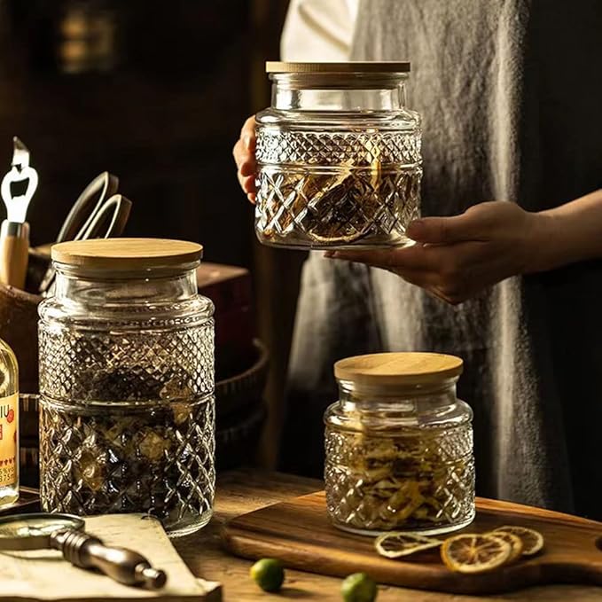 Glass Storage Jars Vintage Embossed Canisters Food Cereal Storage Containers with Bamboo Lid, Decorative Jars for Kitchen Counter,Pantry,Set 3-Piece Glass Jars in 60 oz/40 oz/20 oz (Round)