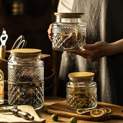 Glass Storage Jars Vintage Embossed Canisters Food Cereal Storage Containers with Bamboo Lid, Decorative Jars for Kitchen Counter,Pantry,Set 3-Piece Glass Jars in 60 oz/40 oz/20 oz (Round)