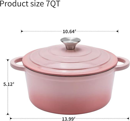 Enameled Cast Iron Dutch Oven - 7QT Pot with Lid,Oven Safe to 500°F,Heavy-Duty Cookware for Sourdough Bread Baking,Braising,Stews,Roasting Pink