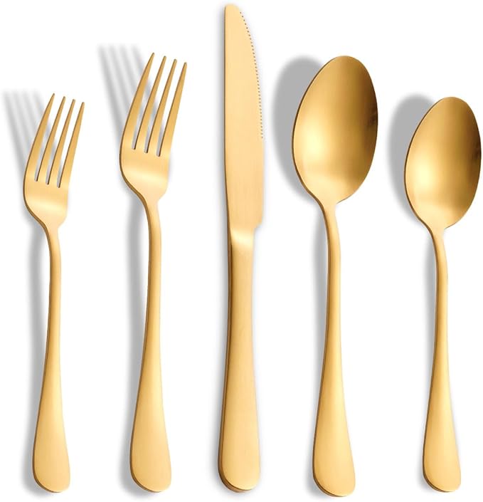 Matte Gold Silverware Set with Steak Knives,Stainless Steel Flatware Set for 6,Modern Cutlery Utensils Set,Spoons and Forks Set for Restaurant,Dishwasher Safe (Gold, 20 Piece Set)